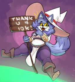 anthro belt black_eyebrows blue_body blue_ears blue_fur blue_hair blue_tail blue_tail_tip boots breasts brown_belt clothed clothed_anthro clothed_female clothing dipstick_tail eyebrows eyelashes fangs female female_anthro fingers follower_number footwear fur hair hat headgear headwear holding_object holding_sign markings open_mouth open_smile shoes sign sitting smile solo tail tail_markings teeth white_clothing white_hat white_headwear witch_hat wood wood_sign cloudidoodles roxanne_oxley canid canine fox mammal 2023 absurd_res english_description full-length_portrait hi_res portrait