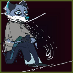 anthro blue_body blue_fur blue_nose border clothing fur green_border grey_clothing grey_shirt grey_topwear male shirt sitting solo surrealism topwear white_body white_fur demensa emil_(demensa) canid canine canis coyote mammal 1:1 2017 digital_media_(artwork) pixel_(artwork)