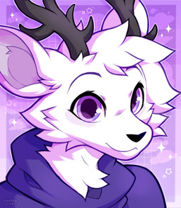 anthro black_nose cheek_tuft clothing facial_tuft fur head_tuft horn looking_back male purple_background purple_clothing purple_eyes purple_sweater purple_topwear simple_background smile smiling_at_viewer solo sweater topwear tuft white_body white_fur coffeeclaws deer mammal 2025 colored digital_drawing_(artwork) digital_media_(artwork) hi_res portrait shaded