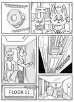 absurd_res anthro bell black_and_white canid canine clothed clothing comic domestic_ferret door ear_piercing elevator english_text fox group hi_res inner_ear_fluff inside jeff_(kifyun2) kif_yppreah kifyun2 male mammal monochrome mustelid musteline piercing simple_background sound_effects speech_bubble text true_musteline tuft weasel