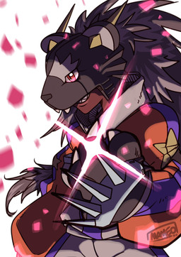 clothing dark_body dark_skin female hair paws ponytail raccoon_tail_hair red_eyes sharp_teeth solo spiked_knuckles teeth tracksuit sora_officiel bandai_namco digimon digimon_beatbreak animal_humanoid bearcatmon digimon_(species) humanoid mammal mammal_humanoid procyonid procyonid_humanoid raccoon_humanoid absurd_res hi_res
