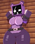 3d_(artwork) animal_humanoid anthro bear belt belt_collar big_breasts breasts canid clothed clothing coresvoid curvy_female curvy_figure digital_media_(artwork) epic_games eye_scar facial_scar female fortnite fur genitals hi_res humanoid looking_at_viewer mammal microsoft mine-imator_(artwork) minecraft mojang multicolored_body multicolored_fur purple_body raven_team_leader scar simple_background solo wall_(structure) wood wood_wall xbox_game_studios