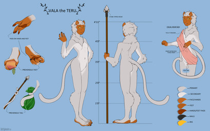 5_toes anthro breasts brown_body brown_skin featureless_breasts feet female fur genitals grey_body grey_fur melee_weapon pawpads plantigrade polearm prehensile_tail sash small_breasts solo spear tail text toes vulva weapon yellow_eyes katibara vala haplorhine mammal monkey primate absurd_res digital_media_(artwork) english_text hi_res model_sheet