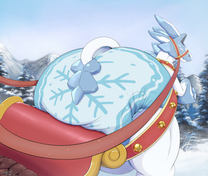 ambiguous_gender bell bell_harness big_diaper clean_diaper diaper feral harness jingle_bell jingle_bell_harness looking_back outside print_diaper rear_view sleigh snow solo steelshark nintendo pokemon equid equine generation_8_pokemon glastrier horse legendary_pokemon mammal pokemon_(species) hi_res