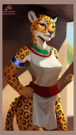 ancient anthro breasts clothed clothing detailed_background female fur holding_object markings mayan solo spots spotted_body sunset tail text whiskers yellow_body yellow_fur foxstep_(artist) american_mythology aztec_mythology mesoamerican_mythology mythology felid jaguar mammal pantherine 9:16 absurd_res artist_name hi_res