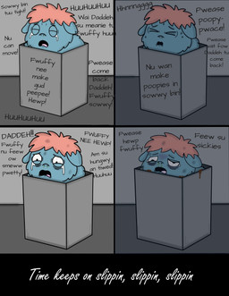 >_< abuse ambiguous_feral ambiguous_gender animal_abuse bloodshot_eyes blue_body blue_fur bodily_fluids bound box container crying dialogue dirty eyes_closed feces feral fur hair narrowed_eyes open_mouth pink_hair pooping punishment simple_background snot solo stuck tears text torture young young_ambiguous young_feral roadkill_(fc) fluffy_pony fluffy_pony_(species) mammal 2026 broken_language comic digital_drawing_(artwork) digital_media_(artwork) english_text hi_res shaded