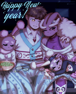 anthro clothed clothing eyebrows eyelashes eyewear fingers glasses grin group hair hand_on_shoulder male one_eye_closed smile text young young_anthro gammainks nintendo pokemon ethan_(gammainks) jayden_(gammainks) generation_4_pokemon human lopunny mammal pokemon_(species) 2025 absurd_res artist_name digital_media_(artwork) english_text hi_res