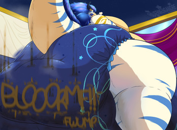 anthro breath clothing diaper duo feces fur fwump_(sound) half-closed_eyes horn inside_clothing looking_back male markings micro narrowed_eyes overweight overweight_anthro overweight_male pooping raised_tail soiled_diaper soiling soiling_diaper standing stink_fumes stink_lines striped_markings stripes tail trapped_in_clothing unclean_diaper used_diaper using_diaper white_body white_fur rebelgandre djermengandre_(character) kaiju 2025 alternate_version_at_source hi_res