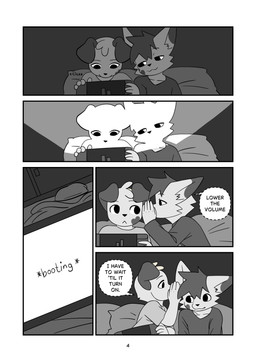 anthro bed bedroom bedsheet_ghost dialogue dim_lighting floppy furniture gaming heart_(marking) male markings onomatopoeia pillow playing_video_game sound_effects spots spotted_markings text whispering young young_anthro young_male minishadefox nintendo nintendo_switch elliot_vance nico_florence canid canine canis domestic_dog husky mammal nordic_sled_dog siberian_husky spitz absurd_res black_and_white comic english_text hi_res monochrome cousins_(lore)