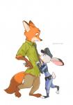 anthro barefoot cellphone clothed clothing duo electronics feet female fur hat headgear headwear larger_male male necktie orange_body orange_fur phone size_difference smaller_female uniform kabe2mugi disney zootopia judy_hopps nick_wilde canid canine fox lagomorph leporid mammal rabbit red_fox true_fox 2019 hi_res