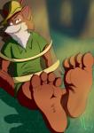 4_toes anthro barefoot black_eyes black_nose claws clothing feet foot_focus fur hat headgear headwear humanoid_feet male plantigrade shirt smile soles toe_claws toes topwear lu123 disney robin_hood_(disney) robin_hood canid canine fox mammal red_fox true_fox 2019 absurd_res digital_media_(artwork) hi_res