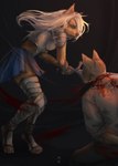 anthro armor blood blood_splatter bodily_fluids decapitation duo female gore hair male melee_weapon swinging_weapon sword tail weapon white_hair kirkir zilla_(airlea) canid canine canis domestic_dog mammal 2019 digital_drawing_(artwork) digital_media_(artwork) hi_res signature