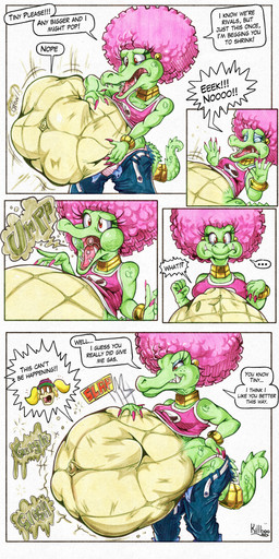 afro after_vore anthro belly big_belly bottomwear clothing denim denim_bottomwear denim_clothing duo female female_pred female_prey green_body huge_belly jeans overweight pants purple_clothing purple_shirt purple_topwear shirt simple_background speech_bubble text topwear vore white_background killboo donkey_kong_(series) nintendo kalypso tiny_kong kremling scalie 1:2 2025 comic english_text hi_res