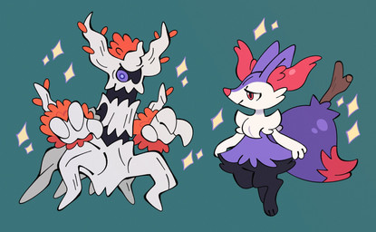 3_fingers 3_toes ambiguous_anthro ambiguous_gender anthro arm_tuft big_tail biped black_body black_fur blue_background cheek_tuft chest_tuft digitigrade dipstick_tail duo facial_tuft feet fingers fluffy fluffy_tail front_view fur hexapod hip_tuft inner_ear_fluff markings mouth_closed multicolored_body multicolored_fur nude_ambiguous nude_anthro object_in_tail orange_leaves plant purple_body purple_eyes purple_fur purple_tail red_body red_eyes red_fur red_inner_ear_fluff red_nose red_tail_tip shoulder_tuft simple_background snout sparkles standing stick stick_in_tail tail tail_markings three-quarter_view toes tuft two_tone_tail white_body white_fur billspooks nintendo pokemon braixen canid elemental_creature flora_fauna generation_6_pokemon mammal pokemon_(species) shiny_pokemon trevenant 2024 cel_shading colored digital_drawing_(artwork) digital_media_(artwork) english_description hi_res shaded