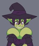 big_breasts black_clothing black_hat black_headwear bouncing_breasts breasts cleavage clothed clothing crossed_arms female front_view gloves green_body green_skin grey_background hair handwear hat headgear headwear highleg huge_breasts humanoid_pointy_ears magic_user not_furry purple_clothing purple_eyes purple_gloves purple_hair purple_handwear short_stack simple_background solo teeth witch witch_hat subhueman gertrud_gobwich goblin humanoid mammal 2020 animated digital_media_(artwork) portrait short_playtime three-quarter_portrait