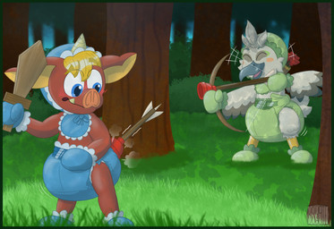 after_transformation beak blonde_hair blue_eyes blush bonnet booties bow_(weapon) clothing diaper duo exposed_diaper eyes_closed fangs feathers floppy_ears grass hair handwear headgear headwear horn laugh male mittens nervous open_mouth pig_ears pig_nose plant plunger ranged_weapon tail tail_feathers teeth tools weapon wings wooden_sword h0wdyther3 nintendo the_legend_of_zelda link tulin_(tloz) avian blin_(tloz) bokoblin orc rito hi_res