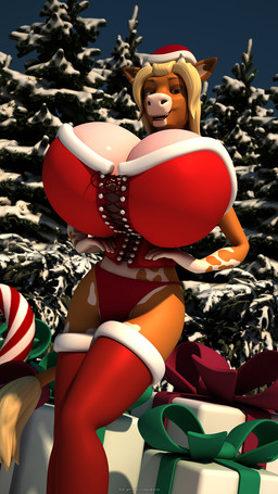 anthro big_breasts biped blonde_hair breasts christmas_clothing christmas_headwear clothed clothing detailed_background female fur gift hair hat headgear headwear holidays horn huge_breasts legwear looking_at_viewer open_mouth outside plant santa_hat smile snow solo standing tree anthroanim christmas annabelle_cow bovid bovine cattle mammal 2015 3d_(artwork) 9:16 digital_media_(artwork) hi_res