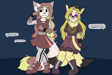 anthro armwear blonde_hair blush boots bottomwear brown_body brown_boots brown_bottomwear brown_clothing brown_footwear brown_fur brown_hair brown_skirt brown_topwear clothed clothing dipstick_tail duo eyes_closed female fishnet_armwear fishnet_clothing fishnet_legwear footwear front_view fur glistening glistening_eyes green_body green_eyes green_fur green_hair hair legwear long_hair looking_aside markings shoes simple_background skirt speech_bubble standing tail tail_markings text topwear unsigned white_body white_fur yellow_body yellow_fur riddlr species_request 3:2 english_text hi_res