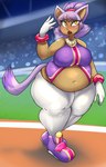 accessory belly big_belly big_breasts blush bodily_fluids bottomwear breasts breath clothing eyelashes female footwear gloves hair hair_accessory hair_tie handwear huge_belly huge_thighs humanoidized looking_up midriff navel obese obese_female obese_humanoid open_mouth overweight overweight_female overweight_humanoid pants purple_hair purple_tail shoes solo stadium standing sweat tail thick_thighs topwear white_bottomwear white_clothing white_gloves white_handwear white_pants yellow_eyes royaloppai sega sonic_the_hedgehog_(series) blaze_the_cat animal_humanoid cat_humanoid felid felid_humanoid feline feline_humanoid humanoid mammal mammal_humanoid 2016 absurd_res digital_media_(artwork) hi_res