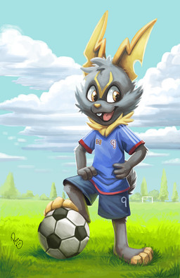 anthro ball barefoot blue_bottomwear blue_clothing blue_shirt blue_shorts blue_sky blue_t-shirt blue_topwear bottomwear clothed clothing cloud feet front_view fur glistening glistening_eyes grass grey_body grey_fur hand_on_hip logo looking_aside male open_mouth open_smile orange_eyes plant shirt shorts sky smile soccer_ball solo standing t-shirt topwear young young_anthro young_male pandapaco artist_logo full-length_portrait hi_res portrait signature