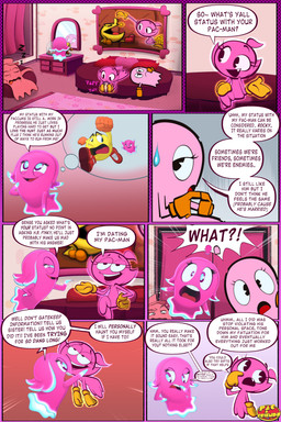 bed black_eyes blue_eyes clothing dialogue eyelashes female furniture gloves gloves_only group handwear handwear_only headgear headwear lying male mostly_nude not_furry on_bed on_model open_mouth pie_cut_eyes pink_body purple_eyes sleeping speech_bubble square_crossover style_emulation text fanamationu bandai_namco pac-man_(hanna-barbera) pac-man_(series) pac-man_and_the_ghostly_adventures pac-man_world pac-man_world_(series) pac-man pinky_(pac-man) ghost spirit 2026 2:3 absurd_res comic digital_media_(artwork) english_text hi_res