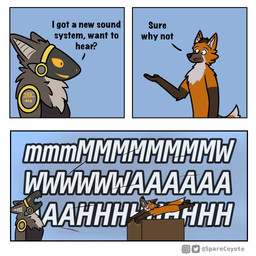 anthro claw_marks cybernetics dialogue duo fur holding_on humor machine male neck_tuft orange_body orange_fur screaming screen screen_face text tuft sparecoyote thx canid canine cyborg fox mammal protogen 1:1 comic english_text hi_res meme