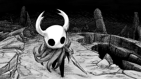 2_horns ambiguous_gender anthro biped cloak clothed clothing detailed_background holding_melee_weapon holding_object holding_weapon hollow_eyes horn melee_weapon nail_(weapon) outside solo walking weapon sharpski hollow_knight_(franchise) team_cherry the_knight_(hollow_knight) arthropod vessel_(species) 2026 absurd_res hi_res monochrome
