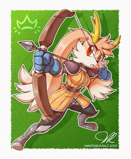 action_pose aiming anthro arrow_(weapon) belt black_bottomwear black_clothing black_pants blue_clothing blue_gloves blue_handwear bottomwear bow_(weapon) brown_hair clothing eyebrows eyelashes female floppy_ears fur gloves green_background hair handwear holding_object holding_weapon horn leg_armor light lop_ears multicolored_body multicolored_fur orange_clothing orange_eyes orange_topwear outline pants pose ranged_weapon shadow shoulder_pads simple_background solo text topwear two_tone_body two_tone_fur weapon white_outline yellow_horn unnotablejulz atlyss poon_(atlyss) 2025 artist_name dated hi_res lighting signature