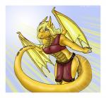 absurd_res anthro biped blonde_hair bottomwear clothed clothing dragon female firessen hair hi_res horn koshkio light long_hair looking_at_viewer midriff mythological_creature mythological_scalie mythology scales scalie shorts skimpy solo standing sun tail the_clan tribal wings yellow_body yellow_scales