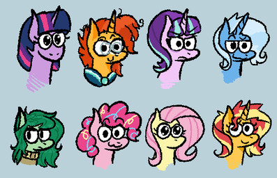 big_pupils cat_smile curly_hair dilated_pupils female feral group grumpy hair horn male pupils smile wings zoeyhorse equestria_girls friendship_is_magic hasbro my_little_pony mythology fluttershy_(mlp) pinkie_pie_(mlp) starlight_glimmer_(mlp) sunburst_(mlp) sunset_shimmer_(eg) trixie_(mlp) twilight_sparkle_(mlp) wallflower_blush_(eg) earth_pony equid equine horse mammal mythological_creature mythological_equine pegasus pony unicorn headshot_portrait portrait