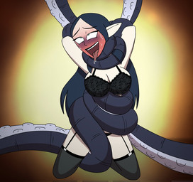 ahegao asphyxiation big_breasts black_body black_bra black_clothing black_hair black_lingerie black_panties black_tentacles black_underwear bodily_fluids bra breasts choking cleavage clothed clothing cyanosis drooling duo erotic_asphyxiation eye_roll female garter_straps gradient_background green_eyes hair hands_behind_head humanoid_pointy_ears kneeling legwear light_body light_skin lingerie looking_pleasured male male/female open_mouth open_smile panties pointy_ears restrained restrained_arms restrained_by_tentacles saliva simple_background smile stockings suckers sweat tentacle_around_body tentacle_around_neck tentacle_between_legs tentacles tentacles_around_arms tongue tongue_out underwear underwear_only poparc_nsfw disney the_owl_house edwin_(poparc_nsfw) lilith_clawthorne aquatic cephalopod coleoid humanoid mollusk octopodiform witch_(the_owl_house) 2025 hi_res