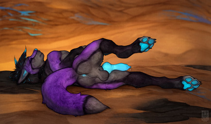 anthro balls biped butt claws erection eyes_closed feet fur genitals hair male nude nude_anthro nude_male on_ground outside pas pawpads penis rear_view solo tail toes anchee canid canine mammal 2025 digital_drawing_(artwork) digital_media_(artwork) hi_res
