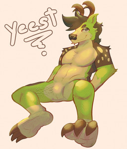 3_toes anthro antlers biped feet foot_focus fur green_body green_fur horn looking_at_viewer male sitting slightly_chubby smile solo toes kadedrawz deer mammal absurd_res hi_res
