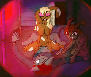 angry animal_print anthro assisted_rape bdsm blonde_hair blue_clothing blue_shirt blue_topwear bodily_fluids bondage bottomless bound breasts brown_body brown_fur chain chained clothed clothing cow_print cowgirl_position cuff_(restraint) cum cum_in_vagina cum_inside door erection eyes_closed eyeshadow fangs female female_penetrated female_rape female_raping_male forced from_front_position fur genital_fluids genitals grey_body grey_fur group gun gunpoint hair handcuffs handgun holding_object long_hair makeup male male/female male_penetrating male_penetrating_female male_raped medium_breasts metal_cuffs nipples nude nude_anthro nude_female nude_male on_bottom on_top open_door open_door_light open_mouth orange_hair penetration penile penis pink_eyeshadow pink_lighting pistol predator/prey ranged_weapon rape red_hair red_lighting restraints sex shirt size_difference sweat sweatdrop tail teeth threatening threatening_violence threatening_with_weapon tongue topwear trio vaginal vaginal_penetration vignette vulva weapon snufflesnuf domestic_cat felid feline felis lagomorph leporid mammal rabbit absurd_res hi_res