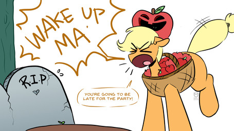 >_< apple apple_hat basket clothing container costume dark_humor dialogue emanata eyes_closed female feral food fruit grave heart_symbol holidays humor open_mouth plant simple_background solo speech_bubble text tombstone white_background yelling redxbacon friendship_is_magic halloween hasbro my_little_pony applejack_(mlp) earth_pony equid equine horse mammal pony 16:9 english_text hi_res widescreen
