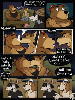 anthro beanie belly bong clothing dare dialogue drugs furniture gesture group hat headgear headwear kerchief kissing making_out male male/male marijuana musclegut muscular shirt shirt_grab shrug smoke smoke_from_nose smoke_kiss sofa tank_top text topwear truth_or_dare louslewds chase_(louslewdss) devon_(louslewdss) american_opossum bear canid canine canis domestic_dog mammal marsupial virginia_opossum 2d_animation animated animated_comic animated_webp comic english_text frame_by_frame hi_res