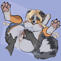 4_toes 5_fingers after_sex after_vaginal after_vaginal_penetration anthro anthro_on_anthro anus areola arms_above_head arms_bent bent_legs big_breasts big_butt big_pupils biped black_claws black_ears black_eyebrows black_eyes black_markings black_nose blonde_hair blue_background blue_legband bodily_fluids braided_hair breasts brown_body brown_fur brown_markings butt claws clitoris countershade_arms countershade_breasts countershade_butt countershade_face countershade_fur countershade_legs countershade_torso countershading cum cum_in_vagina cum_inside dialogue dipstick_tail disembodied_hand duo ear_piercing ear_ring eyebrows feet female female_anthro female_focus finger_claws fingers floppy_ears folded_ears front_view fur fur_markings genital_fluids genitals grey_body grey_claws grey_ears grey_fur grey_tail hair hands_behind_head heterochromia humanoid_genitalia humanoid_hands humanoid_vulva iris leg_markings legband legs_up long_hair looking_pleasured lying male male/female male_anthro markings moan mostly_offscreen_anthro mostly_offscreen_character mostly_offscreen_male multicolored_body multicolored_ears multicolored_fur nipples nude nude_anthro nude_female on_back open_mouth orange_body orange_fur pawpads paws piercing pigtails pink_anus pink_areola pink_clitoris pink_inner_ear pink_nipples pink_pawpads pink_tongue pink_vulva profanity pupils raised_arms ring_piercing shaking simple_background solo_focus spread_legs spreading tail tail_markings teal_eyes teeth text thick_thighs toe_claws toes tongue tongue_out tremble_lines trembling twin_braids two_tone_ears vulva white_body white_breasts white_countershading white_fur white_markings white_sclera white_tail_tip yellow_eyes meeprs canid canine canis domestic_dog mammal 1:1 2025 absurd_res artist_name dated digital_drawing_(artwork) digital_media_(artwork) english_text hi_res