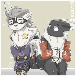 ambiguous_gender anthro armwear beads belt black_body black_fur blue_eyes bottomwear clothing cybernetic_arm cybernetic_limb elbow_gloves female fur gloves grey_body grey_fur group handwear mask mechanical_arm multicolored_body multicolored_fur pants prayer_beads question_mark red_eyes rosary sitting star trio two_tone_body two_tone_fur white_body white_fur slavv0 bandai_namco digimon digimon_beatbreak rita_(slavv0) canid chiropmon digimon_(species) mammal renamon wolvermon 1:1 2026 digital_media_(artwork) hi_res