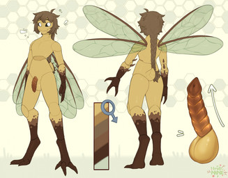 3_fingers 3_toes anthro balls brown_hair clothing digitigrade erection exoskeleton feet fingers footwear genitals hair hexagon_background joints male palette penis ponytail ribbed_penis smile socks solo toes translucent translucent_wings urethra wings yellow_body bralinine arthropod hi_res model_sheet