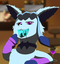 alcohol ambiguous_gender arm_support beverage blue_mouth blurred_background bodily_fluids collar drooling glowing glowing_mouth inside leaning_on_elbow magenta_eyes mouth_shot open_mouth saliva semi-anthro solo teeth throat teoskrn nintendo pokemon godo_galeero eeveelution generation_4_pokemon glaceon pokemon_(species) absurd_res hi_res