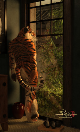anthro crossed_legs inside male nude on_one_leg reflection solo standing tail window sherwood felid mammal pantherine tiger 2024 3d_(artwork) digital_media_(artwork) hi_res signature