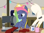 beverage blonde_hair blue_eyes coffee coffee_mug container cup feral hair kerchief male mannequin sewing_machine tape_measure badumsquish friendship_is_magic hasbro my_little_pony princess_luna_(mlp) star_tracker_(mlp) earth_pony equid equine horse mammal pony hi_res