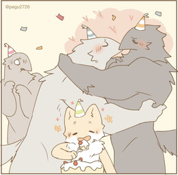anthro beak biped birthday black_body black_feathers blush cheek_tuft chest_tuft clothing confetti eating_cake facial_tuft feathers female fur fur_tuft group happy hat headgear headwear heart_symbol hearts_around_head hug hugging_another intraspecies kissing looking_at_another male muscular muscular_anthro muscular_male nude nude_anthro nude_female nude_male oblivious orange_body orange_fur party_hat pink_cloud romantic side_view simple_background slim slim_anthro slim_female tail tan_background tuft white_body white_feathers white_fur pegu2726 avian domestic_cat felid feline felis mammal 2026 digital_drawing_(artwork) digital_media_(artwork) flat_colors