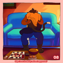 anthro biped black_body black_fur board_game boots bottomwear bowl brown_body brown_fur bulge caressing carpet clothed clothing container denim denim_bottomwear denim_clothing detailed_bulge duo ear_piercing ear_ring erection erection_under_clothing food footwear fur furniture furniture_lamp genital_outline horn inside jeans legwear making_out male male/male male_anthro muscular muscular_anthro muscular_male nachos on_lap pants penis_outline picture_frame piercing raised_clothing raised_topwear ring_piercing sandwich_(food) shirt shoes sitting sitting_on_another sitting_on_lap sofa table tail tank_top topwear white_body white_fur angryrawcoon antonio_(angryrawcoon) whyskers_(angryrawcoon) bovid bovine cattle domestic_cat felid feline felis mammal 1:1 digital_media_(artwork) hi_res