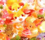 ambiguous_gender blush cake dessert eating feral fluffy fluffy_tail food group happy holding_food holding_object humanoid_pointy_ears inner_ear_fluff kemono looking_at_viewer open_mouth pointy_ears poke_puff red_ear_fluff red_eyes smile snacks sweets tail tongue tongue_out tuft dufy nintendo pokemon braixen canid canine eeveelution espurr fennekin flareon generation_1_pokemon generation_6_pokemon mammal pokemon_(species) swirlix 2016 low_res