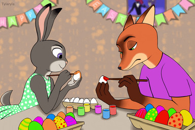 4_fingers anthro black_eyebrows black_nose brush clothed clothing dress duo easter_egg egg eyebrows female fingers fur gloves_(marking) grey_body grey_fur holding_object holidays love male markings orange_body orange_fur paintbrush painting_(action) pink_nose playful shirt topwear tylaryla disney easter zootopia judy_hopps nick_wilde canid canine european_rabbit fox lagomorph leporid mammal oryctolagus rabbit red_fox true_fox 3:2 animated