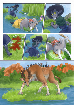 5_fingers anthro black_body black_fur blood bodily_fluids clothed clothing dark_body day feral fingers fur grass grey_body group hat headgear headwear male partially_submerged plant proboscis_(anatomy) swimming tail trunk_(anatomy) water wounded bjekkergauken mythology imbali_(bjekkergauken) isilo_(bjekkergauken) avian bird deer elephant elephantid hybrid mammal moose new_world_deer proboscidean unknown_species 2026 colored comic hi_res