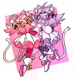 ahoge animal_ears bottomwear breasts clothed clothed_female clothed_humanoid clothing duo female female/female footwear fully_clothed fully_clothed_female fully_clothed_humanoid gloves hair hair_bell hand_holding handwear heart_necklace inner_ear_fluff interlocked_fingers legwear light_body light_skin pink_bottomwear pink_clothing pink_hair pink_skirt pink_tights pink_topwear purple_body purple_bottomwear purple_clothing purple_hair purple_legwear purple_skin purple_skirt purple_tights purple_topwear shoes skirt tail text tights topwear tuft white_bottomwear white_clothing white_gloves white_handwear white_skirt s23charlie deltarune undertale_(series) irritable_ghost_(deltarune) mad_mew_mew mew_mew_(undertale) pink_(deltarune) animal_humanoid cat_humanoid felid felid_humanoid feline feline_humanoid humanoid mammal mammal_humanoid 2026 english_text hi_res