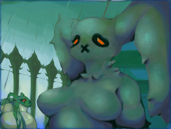 anthro big_breasts big_ears breasts female fence nude raining red_eyes slightly_chubby slime solo_focus x_mouth rosiamn atlyss deathgel_(atlyss) goo_creature lagomorph mammal digital_drawing_(artwork) digital_media_(artwork) hi_res