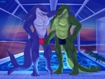 anthro balls_outline beach blue_body blue_scales blue_skin bulge bulge_fondling clothing detailed_bulge duo genital_outline green_body green_scales grope looking_at_viewer male male/male muscular penis_outline scales sea seaside swimming_pool swimwear thong tongue underwear water weso crocodile crocodilian fish marine reptile scalie shark 4:3